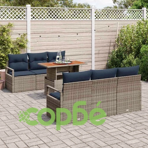 Градински Комплект Софа 7 Части, Ратан и Акациево Дърво, Сиво и Нейви Синьо ➤ топ цена ➤ sorbe.bg