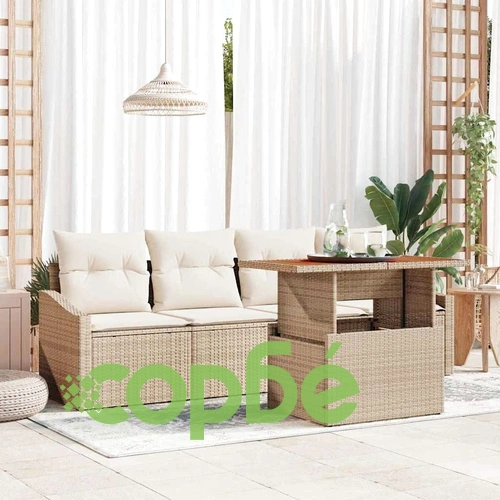 Градински комплект за хранене 5 части с възглавници бежов полиратан акация ➤ топ цена ➤ sorbe.bg