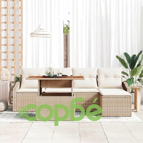 Комплект за хранене в градината 6 части с възглавници бежов полиратан акация ➤ топ цена ➤ sorbe.bg