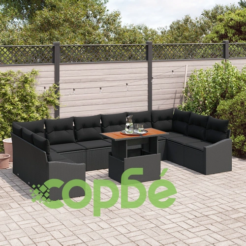 Комплект градинска мебел от 11 части - Черен полиратан с дървен плот ➤ топ цена ➤ sorbe.bg