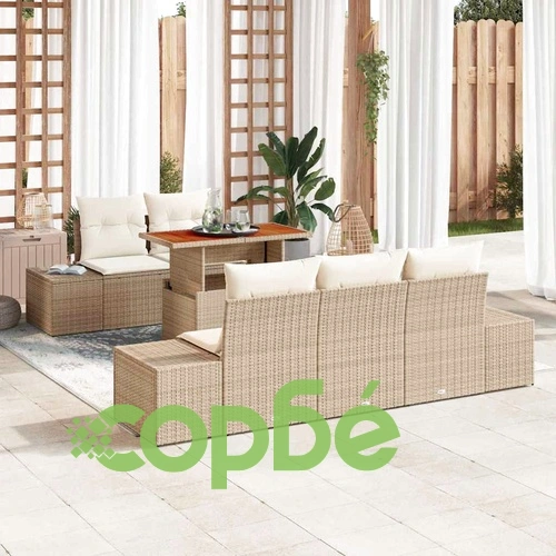 Градински комплект за хранене 6 части с възглавници бежов полиратан акация ➤ топ цена ➤ sorbe.bg