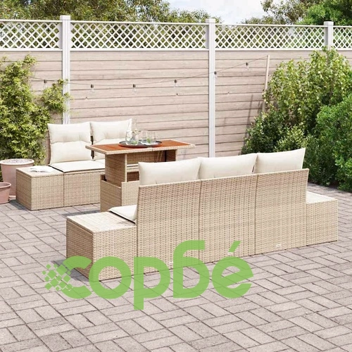 Градински комплект за хранене 6 части с възглавници бежов полиратан акация ➤ топ цена ➤ sorbe.bg