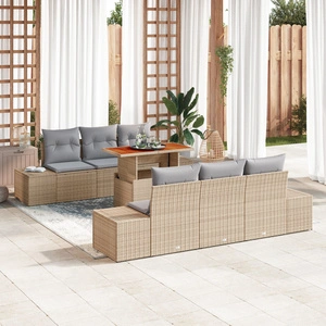 Комплект градински мебели от 7 части с бежов ратан - диван и маса за открито