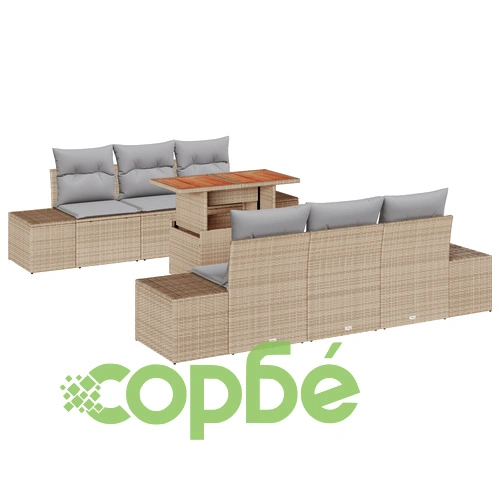 Комплект градински мебели от 7 части с бежов ратан - диван и маса за открито ➤ топ цена ➤ sorbe.bg