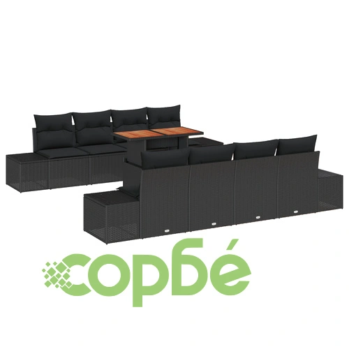 Градински комплект от 7 части с диван от естествен ратан в черен цвят ➤ топ цена ➤ sorbe.bg