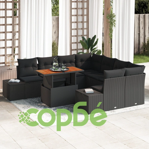 Комплект градински дивани от черен ратан и текстил - 9 части ➤ топ цена ➤ sorbe.bg