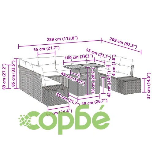 Комплект Градински Диван от 10 Части с Функция за Съхранение - Сив и Черен, Полиратан ➤ топ цена ➤ sorbe.bg