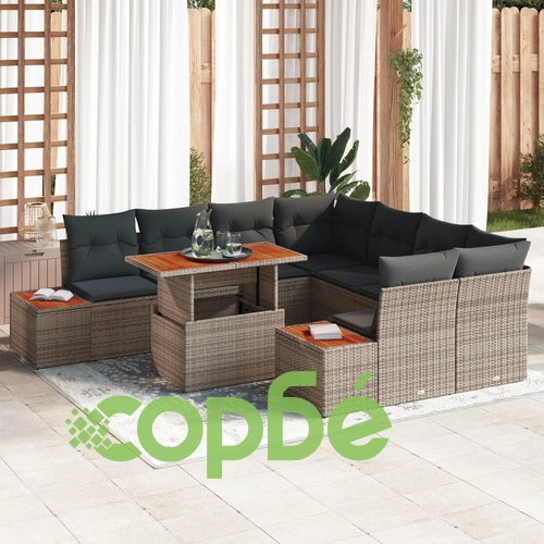 Комплект градински диван от сив синтетичен ратан и дърво - 9 части ➤ топ цена ➤ sorbe.bg