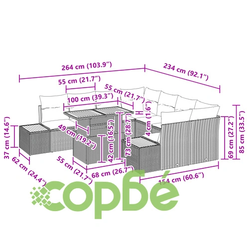 Комплект градински диван от сив синтетичен ратан и дърво - 9 части ➤ топ цена ➤ sorbe.bg
