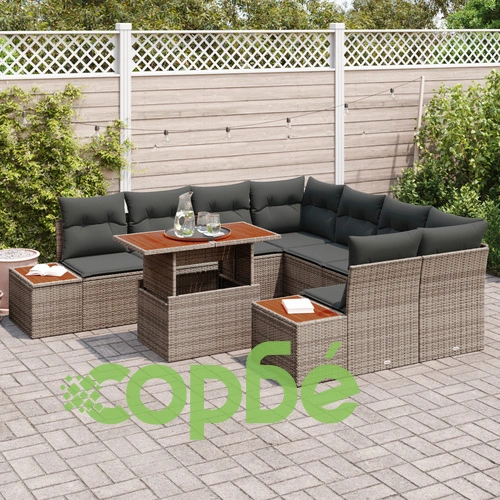 Комплект градински диван от сив синтетичен ратан и дърво - 9 части ➤ топ цена ➤ sorbe.bg