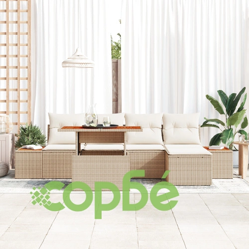 Градински диван комплект от 6 части - Полиратан, Бежов/Кремав, за 5 души ➤ топ цена ➤ sorbe.bg