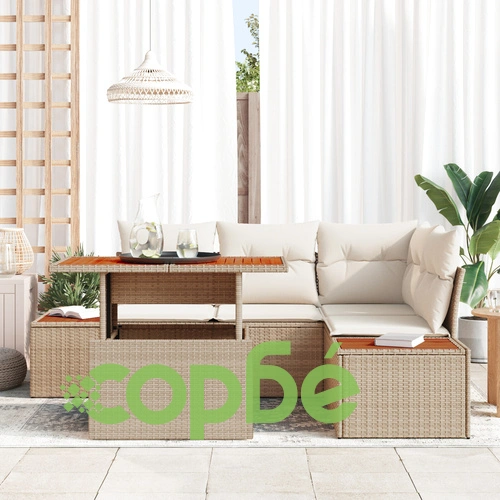 Комплект градински диван от 5 части от натурален ратан в бежов цвят ➤ топ цена ➤ sorbe.bg