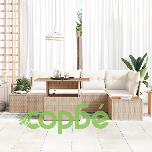 Градински комплект от 6 части с дивани от ратан в бежов цвят с кремави възглавници от полиестер ➤ топ цена ➤ sorbe.bg
