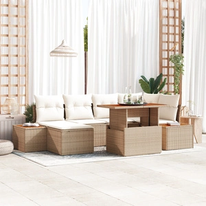Луксозен градински комплект от 7 части с бежов ратан и функция за съхранение