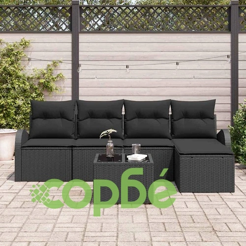Градински комплект 6 части с възглавници черен полиратан 5 места ➤ топ цена ➤ sorbe.bg