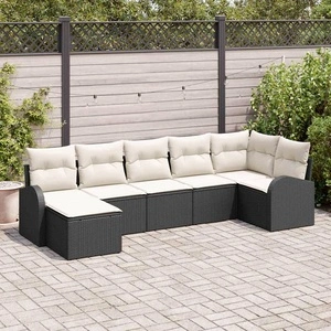 Градински Софа Комплект 7 части от Полиратан Черен 289x124x85 см