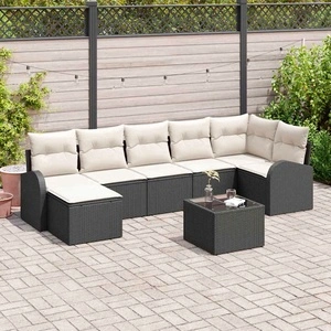 Градински Комплект Мебели 8 Части Черен Полиратан с Възглавници