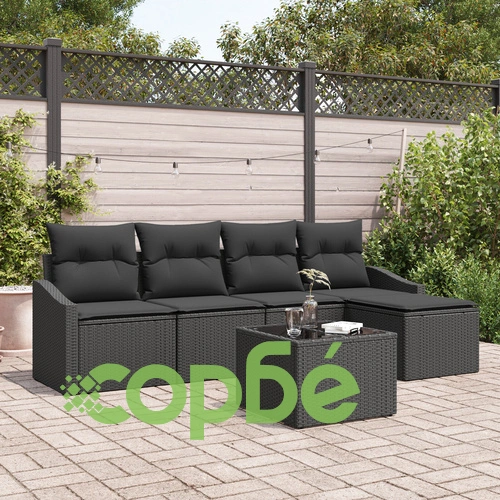 Градински Диван Комплект от 6 части с Естествен Ратан в Черен цвят ➤ топ цена ➤ sorbe.bg