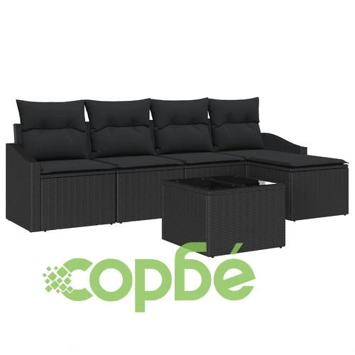 Градински Диван Комплект от 6 части с Естествен Ратан в Черен цвят ➤ топ цена ➤ sorbe.bg