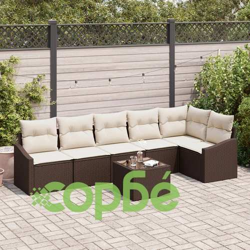 Градински комплект от 7 части с диван от натурален ратан в кафяво и кремаво ➤ топ цена ➤ sorbe.bg