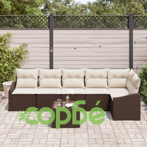 Градински комплект от 7 части с диван от натурален ратан в кафяво и кремаво ➤ топ цена ➤ sorbe.bg