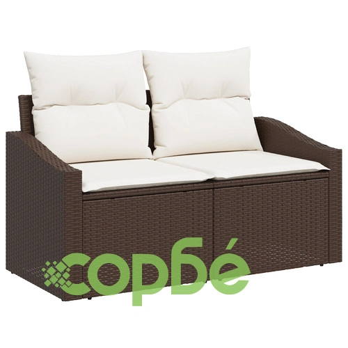 Градински комплект от 7 части с диван от натурален ратан в кафяво и кремаво ➤ топ цена ➤ sorbe.bg