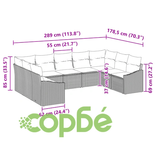 Градински Диван Комплект 9 Части от Синтетичен Полиратан в Сив Цвят ➤ топ цена ➤ sorbe.bg