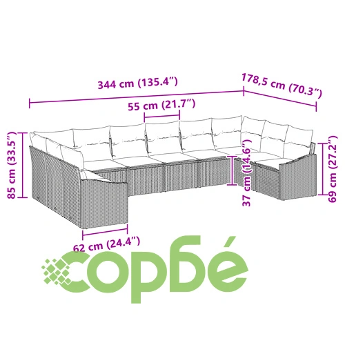 Градински диван комплект от 10 части от тъмно сив синтетичен полиратан ➤ топ цена ➤ sorbe.bg