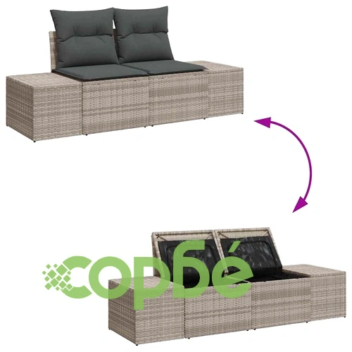 Градински комплект мебели 3 части с възглавници светлосиво полиратан ➤ топ цена ➤ sorbe.bg