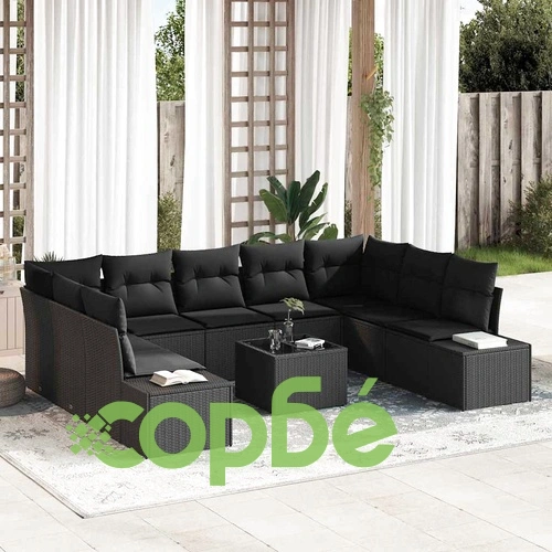 Градински диван комплект 10 части от полиратан черен 289x209x85 см ➤ топ цена ➤ sorbe.bg