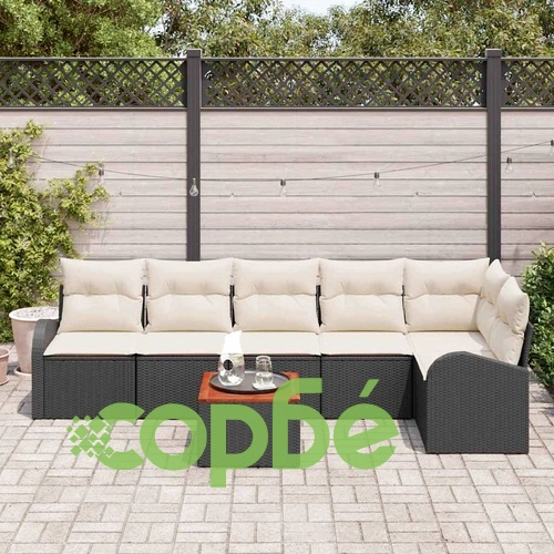 Градински комплект мебели 7 части полиратан черно и бяло с възглавници ➤ топ цена ➤ sorbe.bg