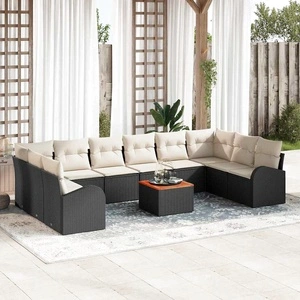 Градински комплект мебели 11 части полиратан и акация черно-бял