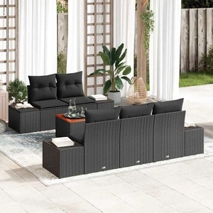 Градински диван комплект 6 части с възглавници черен полиратан акация