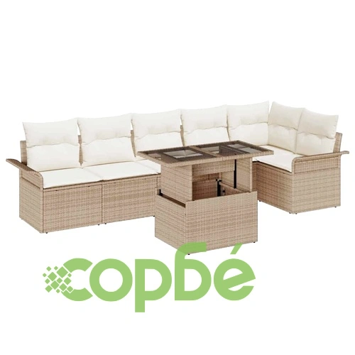 Градински комплект мебели от полиратан 7 части с възглавници бежов цвят ➤ топ цена ➤ sorbe.bg