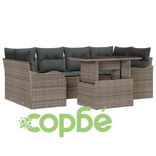 Градински комплект мебели 7 части полиратан сив 100x55x73 см с възглавници ➤ топ цена ➤ sorbe.bg