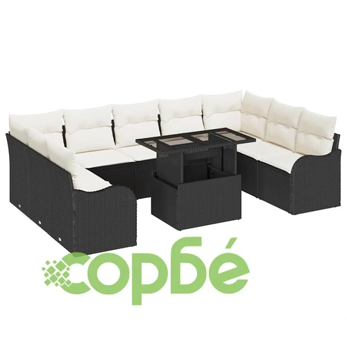 Градински диван комплект 10 части черен полиратан 100 x 55 x 73 см с възглавници ➤ топ цена ➤ sorbe.bg
