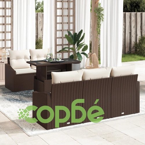 Комплект градински диван от 6 части - Кафяв полиратан с текстилна тапицерия ➤ топ цена ➤ sorbe.bg