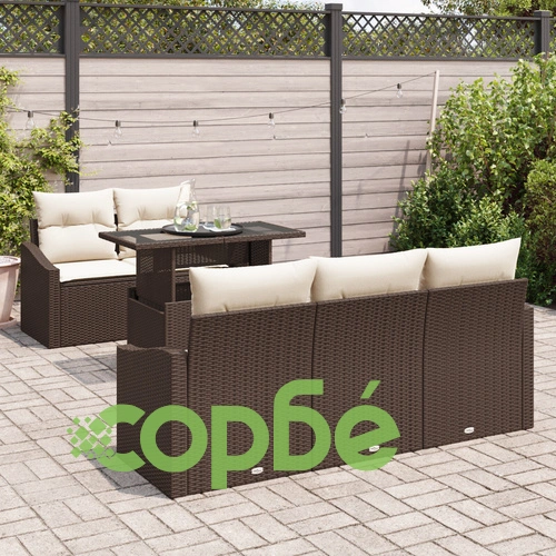 Комплект градински диван от 6 части - Кафяв полиратан с текстилна тапицерия ➤ топ цена ➤ sorbe.bg