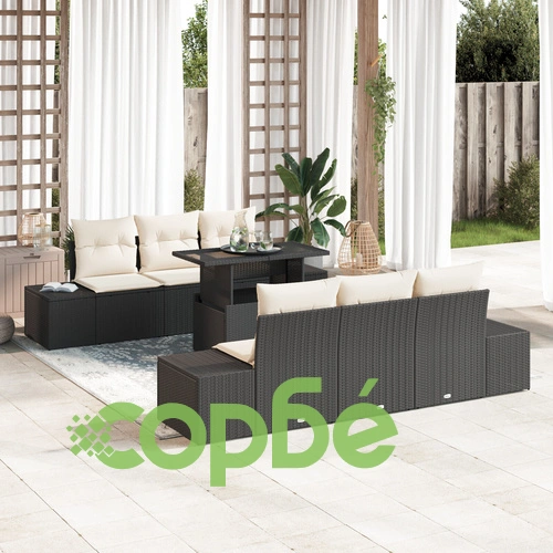 Градински комплект от 7 части с диван от черен ратан ➤ топ цена ➤ sorbe.bg