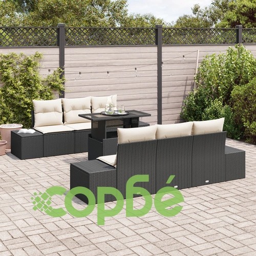 Градински комплект от 7 части с диван от черен ратан ➤ топ цена ➤ sorbe.bg