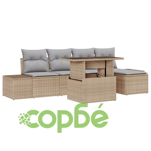 Градински диван комплект от 6 части от поли ратан - Бежов/Сив ➤ топ цена ➤ sorbe.bg