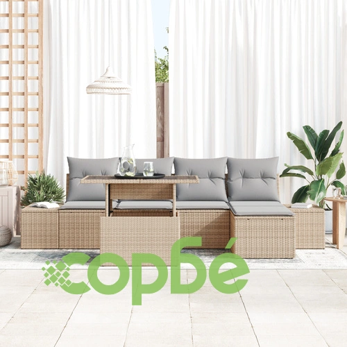 Градински диван комплект от 6 части от поли ратан - Бежов/Сив ➤ топ цена ➤ sorbe.bg
