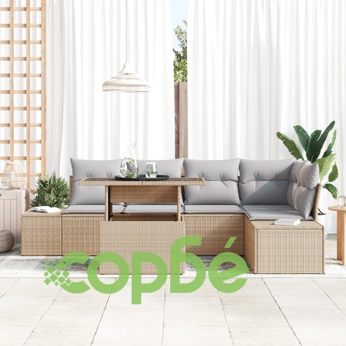 Комплект градински диван от 6 части - Бежов/Сив Ратан с Полиестерова тапицерия ➤ топ цена ➤ sorbe.bg