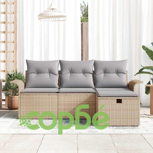 Градински комплект мебели 4 части с възглавници от полиратан бежов и светлосив ➤ топ цена ➤ sorbe.bg