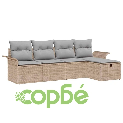 5-частен градински диван комплект с възглавници от полиратан бежово и светлосиво 251x117x85 см ➤ топ цена ➤ sorbe.bg