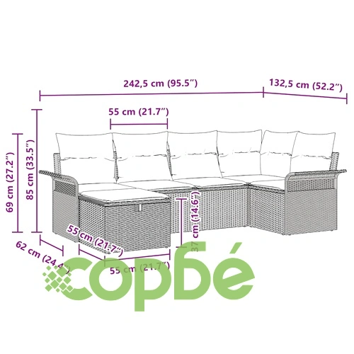 Градински комплект мебели 6 части сив полиратан 242.5 x 132.5 x 85 см ➤ топ цена ➤ sorbe.bg