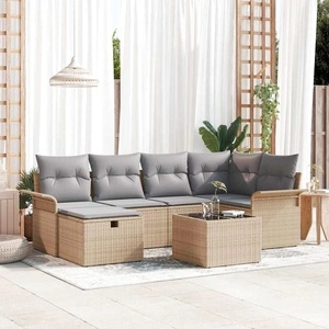 Градински комплект мебели 7 части с възглавници от полиратан - бежов и светлосив