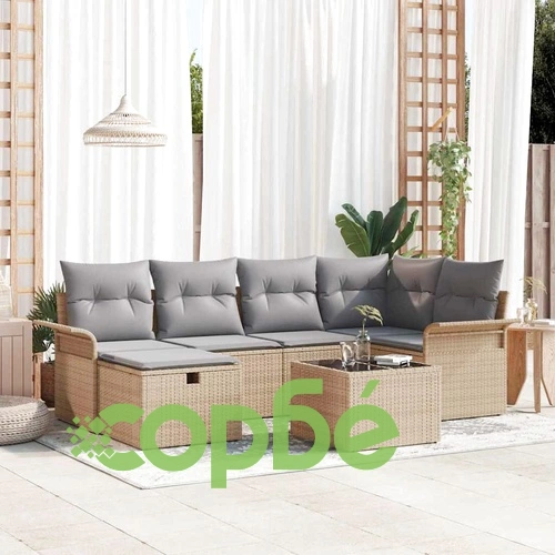 Градински комплект мебели 7 части с възглавници от полиратан - бежов и светлосив ➤ топ цена ➤ sorbe.bg