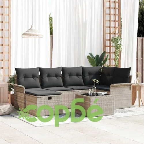 Градински диван комплект 7 части полиратан светлосив 242.5 x 132.5 x 85 см ➤ топ цена ➤ sorbe.bg