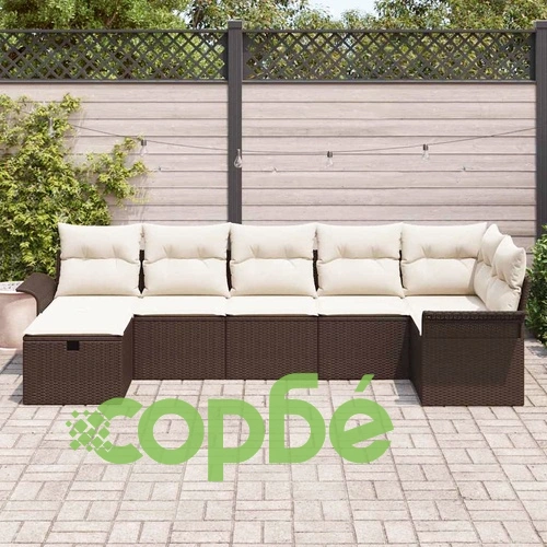 Градински комплект мебели от полиратан 7 части с възглавници кафяво и кремаво ➤ топ цена ➤ sorbe.bg